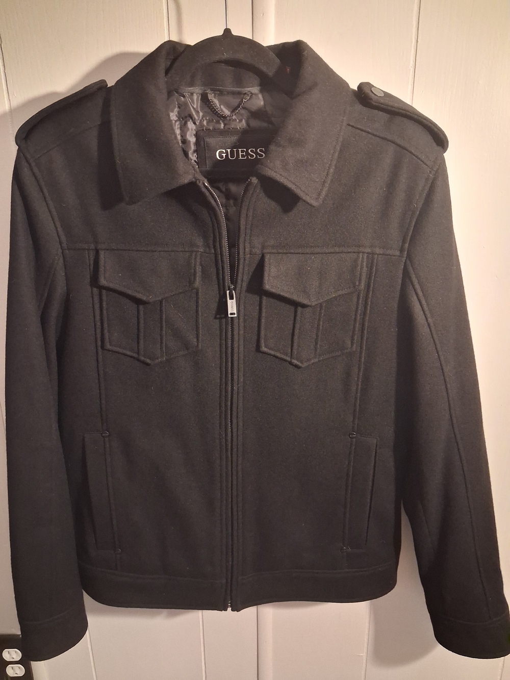 GUESS Men’s Black Wool Blend Military Jacket